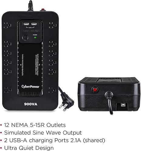 Vista 2 de CyberPower Sistema UPS ST900U Standby, 900VA/500W, 12 tomacorrientes, 2 puertos de carga USB, compacto, negro