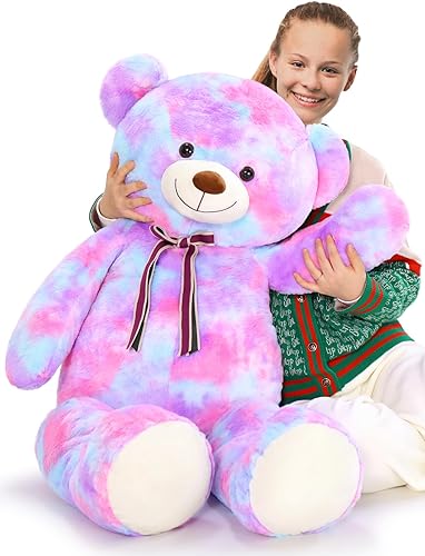 Miniatura 6 de Tezituor Oso de peluche grande peluche gigante de 52 pulgadas regalo suave morado arcoíris para San Valentín Navidad cumpleaños