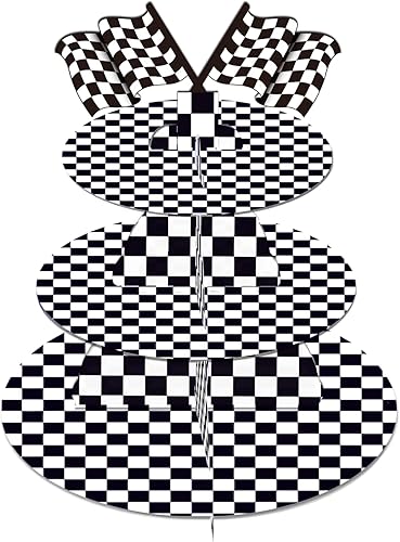 FUNOWN Suministros de fiesta de cumpleaños con temática de autos de carreras en blanco y negro decoración de fiesta de cumpleaños de 3 niveles para