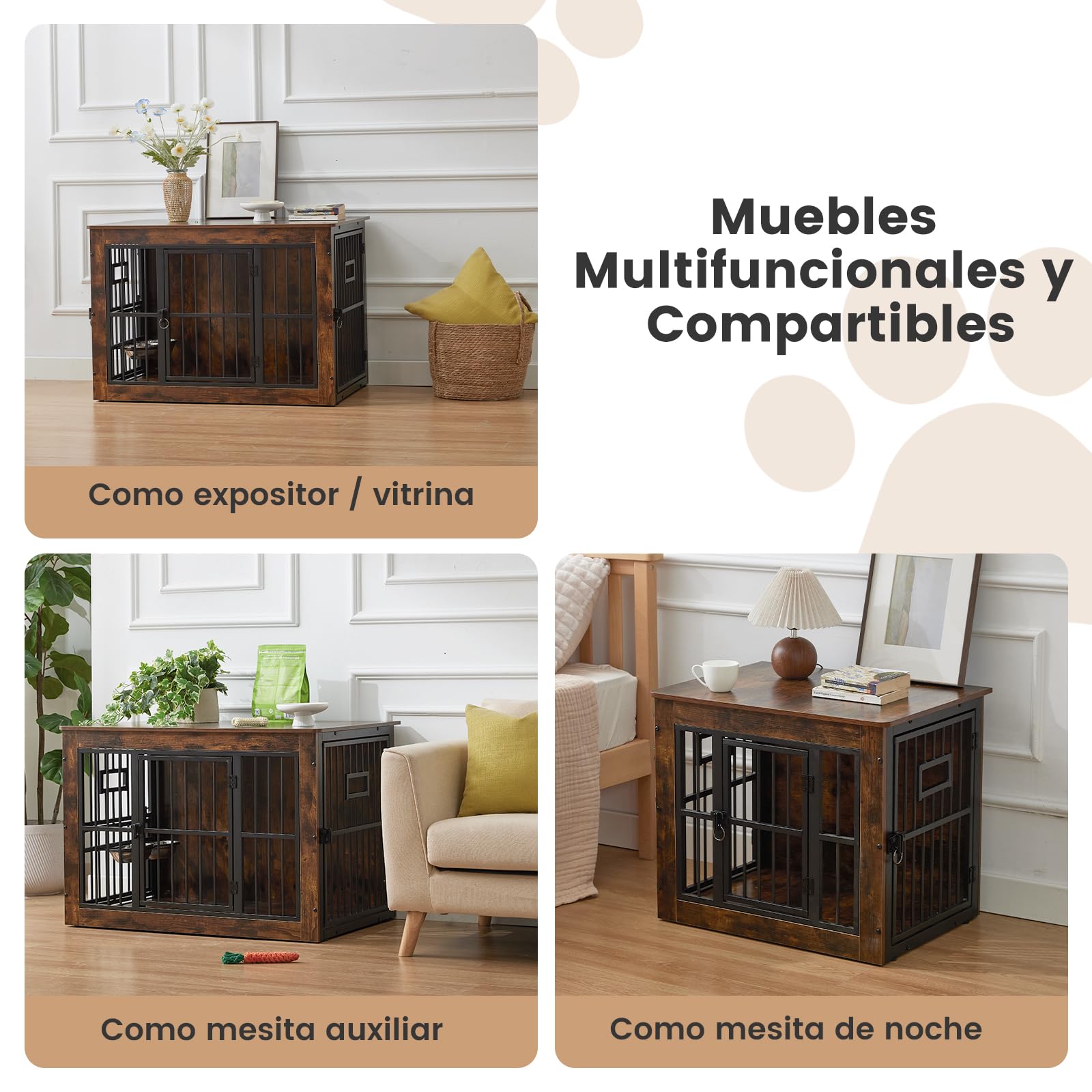 Gardner Pet 99cm Jaula para Perros, Jaula Perro Grande Mueble, con 3 Aberturas Superiores para Alimentación en Jaula para Perros de Madera, 3 Puertas, 99x65x69cm, Marrón