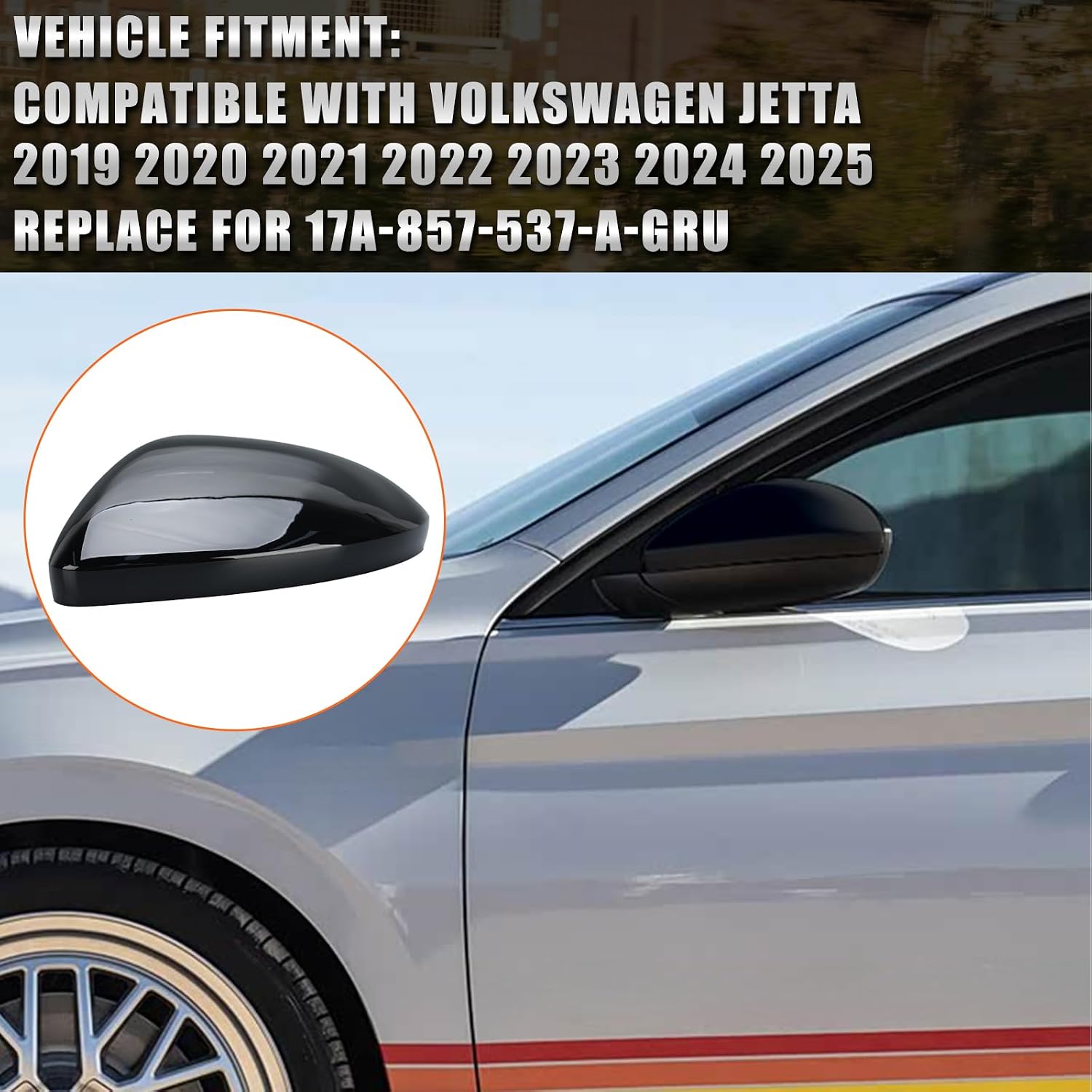 Driver Mirror Cover Compatible with Volkswagen Jetta 2019-2025, Left Side Mirror Cap fit for VW Jetta US Version Without Turn Signals, Glossy Black