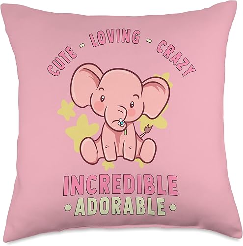 Pink Kawaii & Anime Stuff Linda, cariñosa, increíble, adorable, adorable almohada de elefante, 18 x 18 pulgadas, multicolor