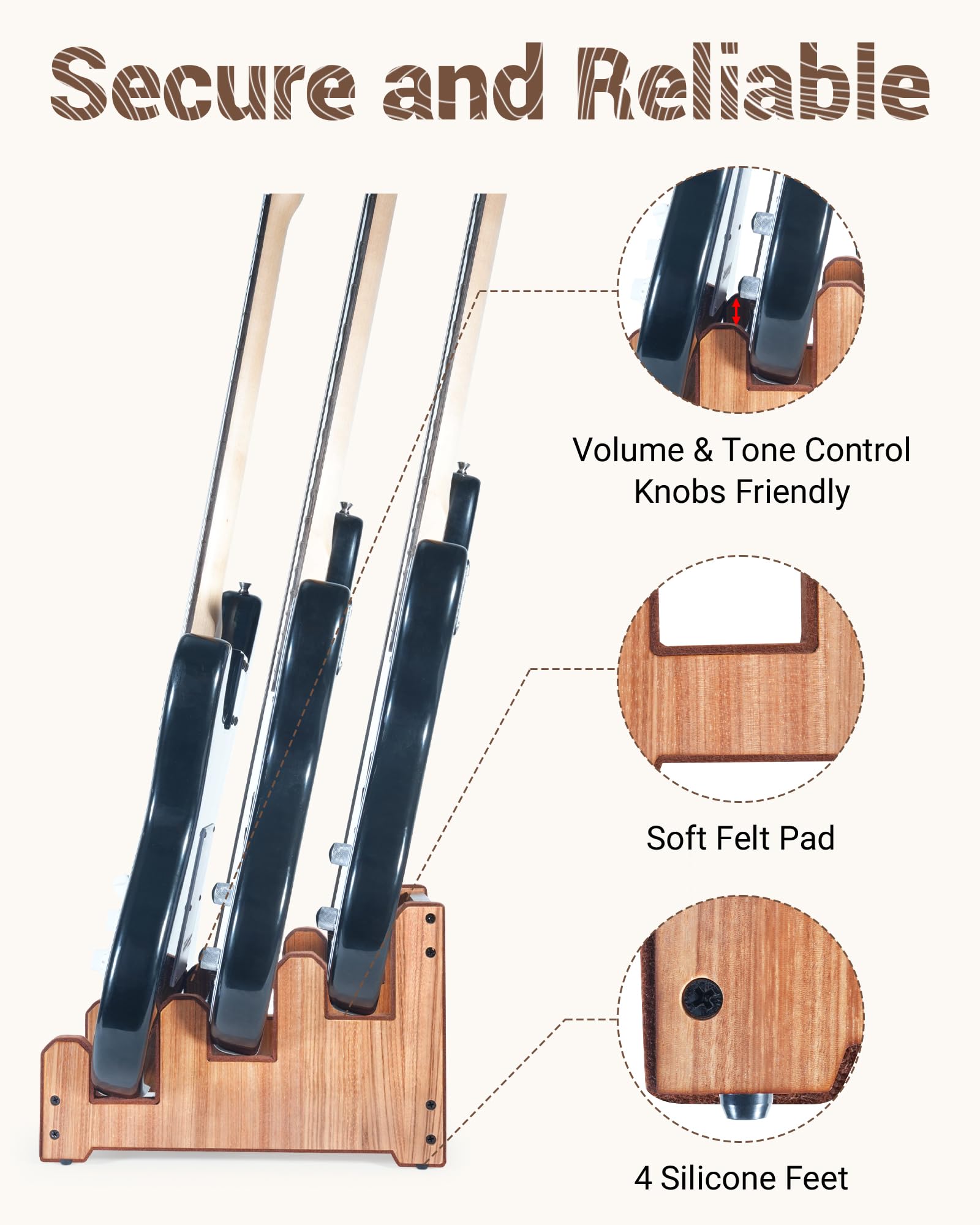 Supporto multiplo per chitarra, a 3 ripiani, in legno zebrato, per chitarra elettrica o basso, supporto per strumenti in legno massiccio per uomo, scaffale da pavimento in legno per