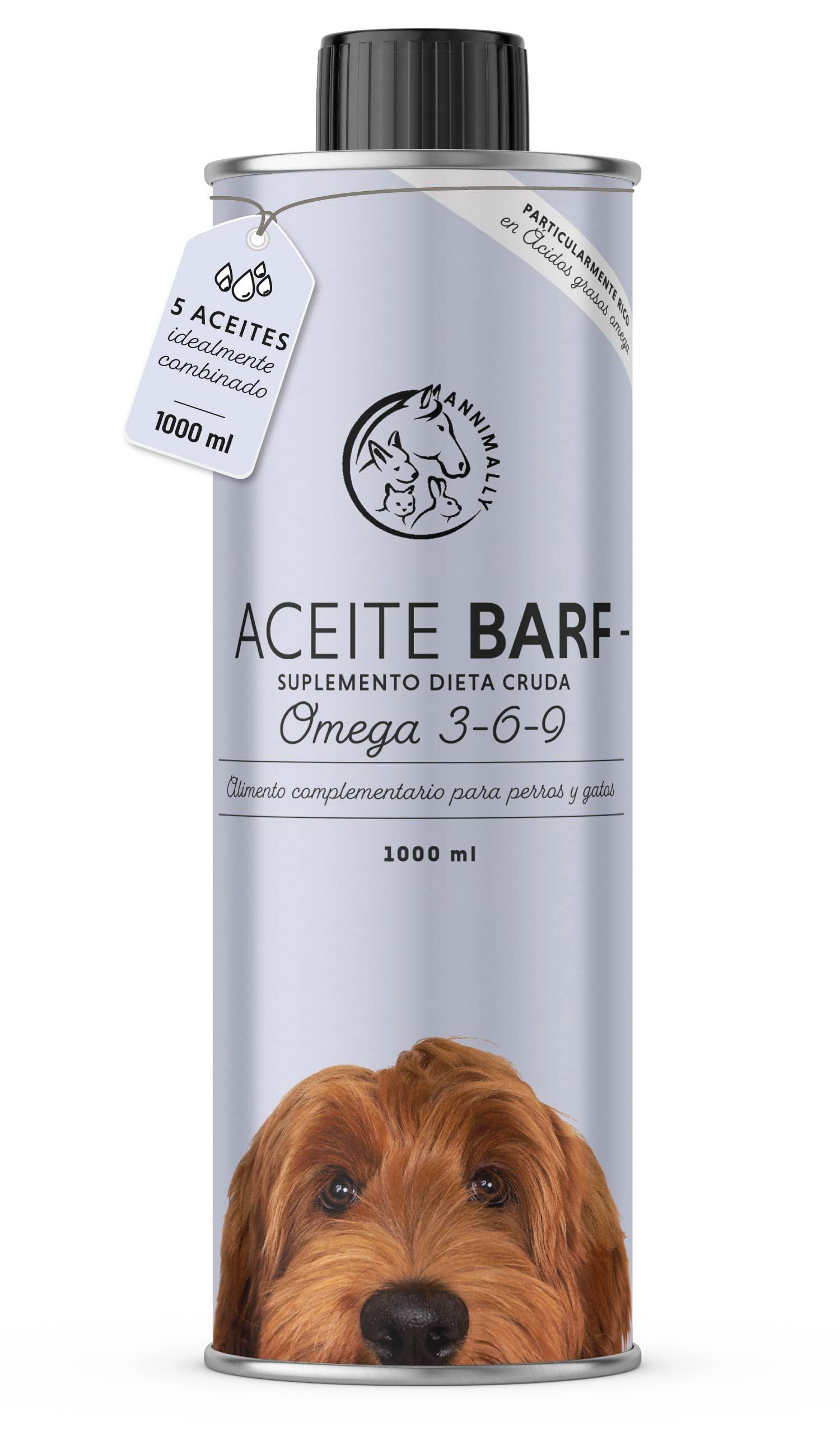 Aceite Barf para Perros 1000 ml - Aceite Barf con Omega 3-6-9 a Base de: Aceite de salmón, Aceite de Colza, Aceite de cáñamo y Aceite de borraja. Aceite alimentario para Perros como complemento