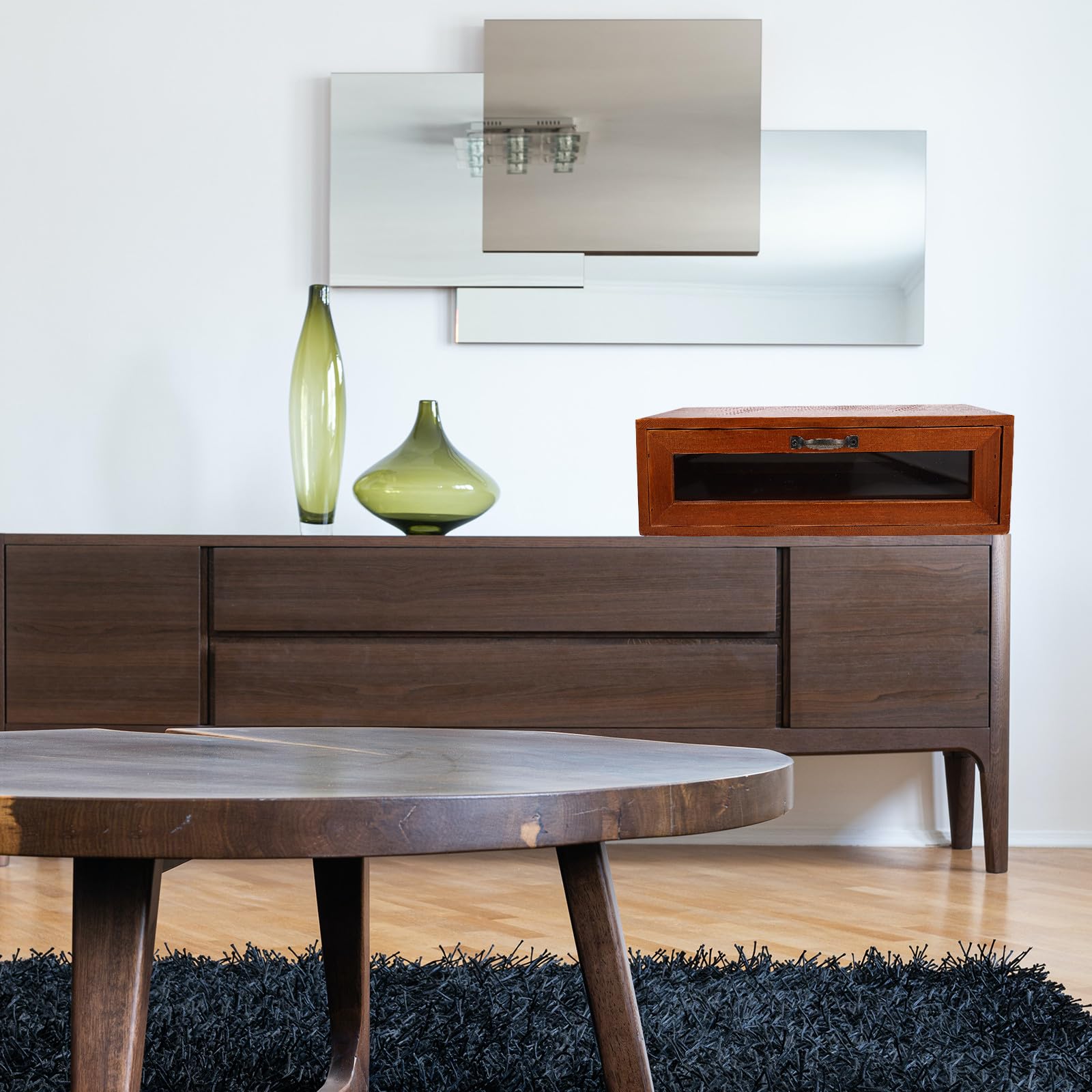 Ipetboom Organizer da Scrivania Cassetto Portaoggetti e Supporto per Monitor in Legno e Vetro Stile Retrò Marrone, per Ufficio e Decorazione Desktop