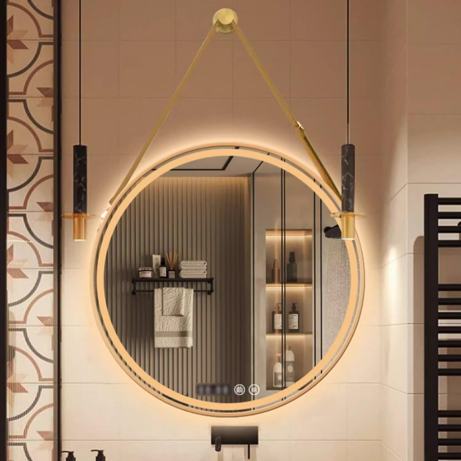 Miroir LED antibuée rond pour salle de bain avec réglage température et heure