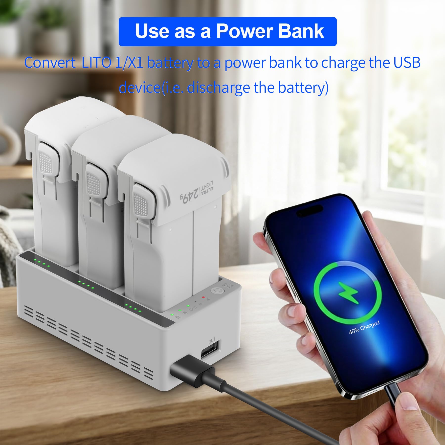 Hub di ricarica a due vie per DJI LITO X1 / LITO 1, caricabatterie rapido Case Station Battery Manager con cavo di ricarica compatibile con batteria LITO Drone, carica 3 batterie in soli 68 minuti