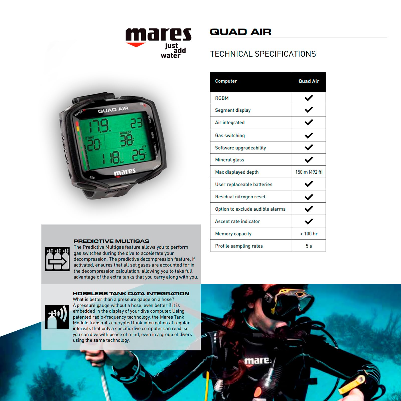 MARES Quad Air Smart Wrist Underwater - Ordenador de buceo subacuático, negro - TBK (414169-BKTB)