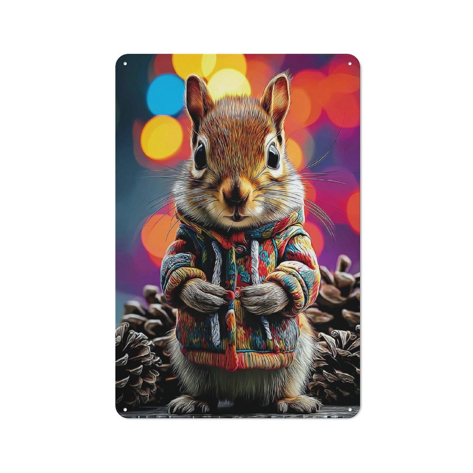 Junmoney Colorful Squirrel In Festive Outfit Modern Vintage Metal Desk Wall Sign 30X20cm, Office Wall Decor For Office, Study, Studio Or Hallway