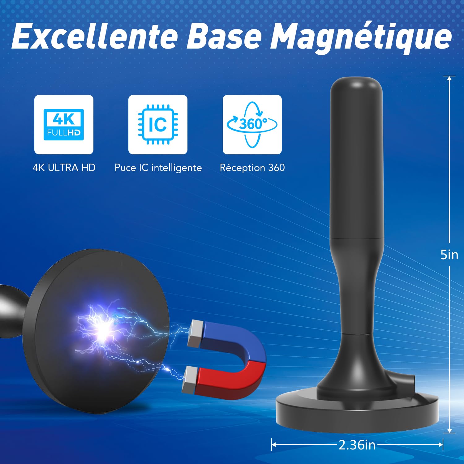 Antenne TV Intérieur Puissante, TNT HD 4K 1080P, Réception 360° Longue Portée 500km, Câble Coaxial 3m