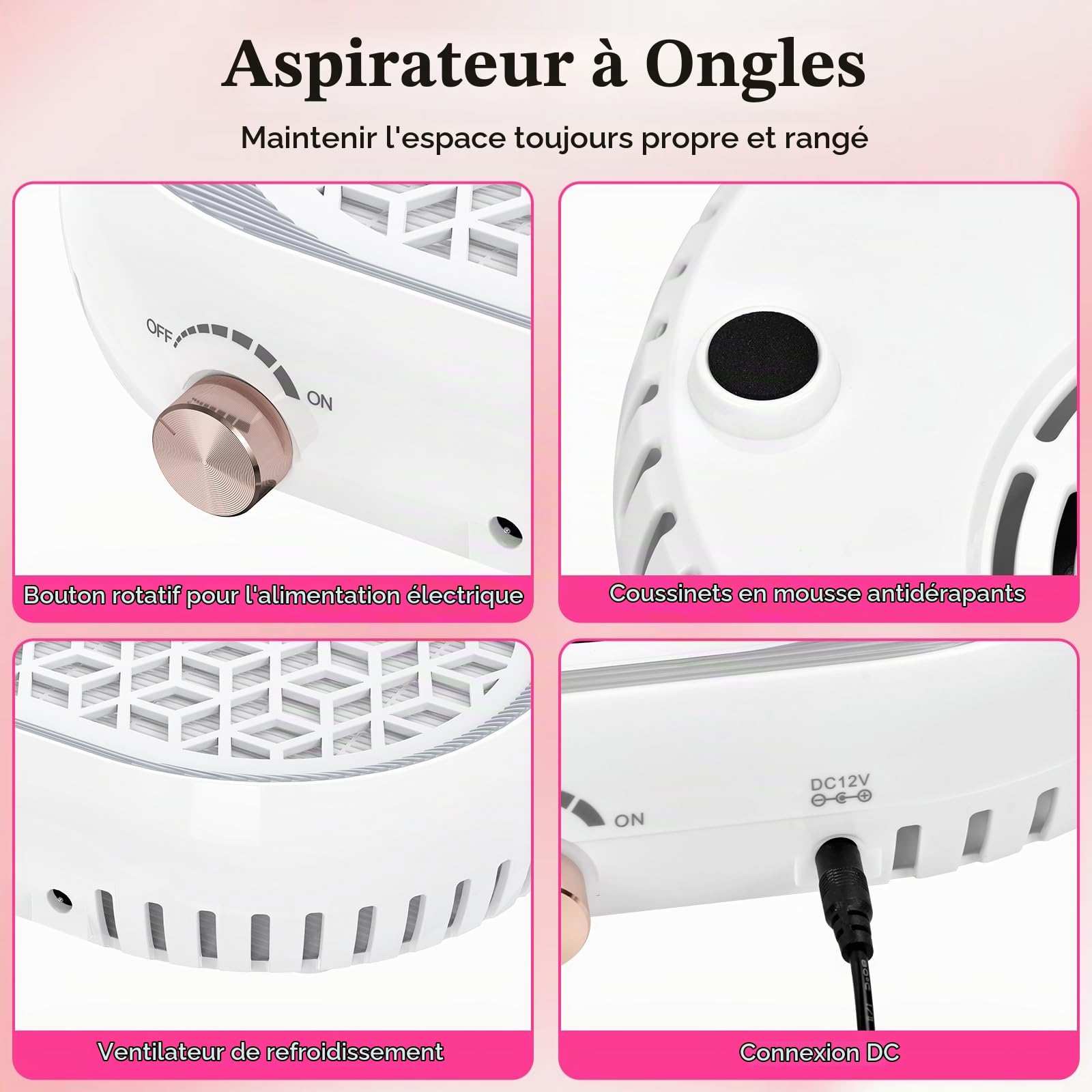 Aspirateur Ongles Professionnelle 4500RPM Aspirateur Manucure Portable Aspirateur Poussière Ongle Aspirateur Table Ongle pour la Manucure au Salon ou à la Maison