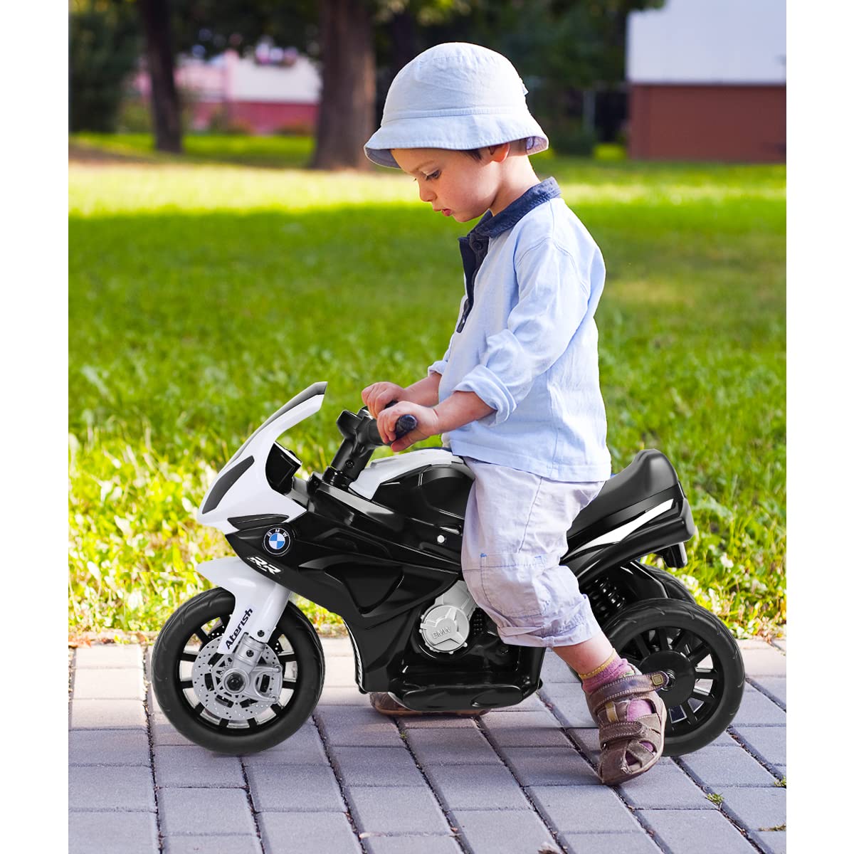 GOPLUS BMW Moto Electrica para Niños de 18-36 Meses con Batería 6V, Motocicleta Eléctrica con Luces y Música, Ruedas de Apoyo, Velocidad 3KM/H, Vehículos Eléctricos de Carga Máxima 20KG (Negro)