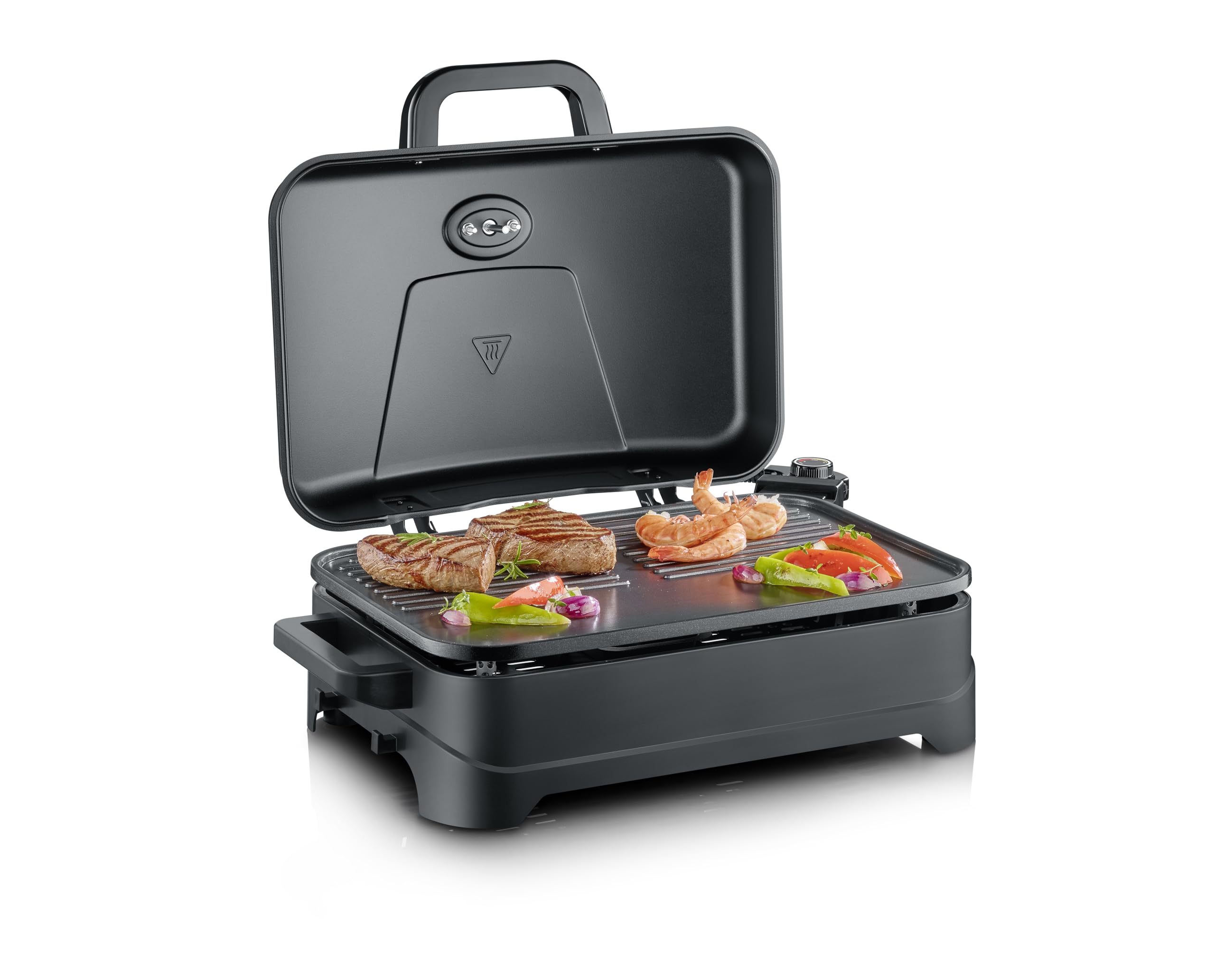 Severin Barbacoa eléctrica con tapa abatible, 2300 W, máx. 230 °C, tiempo de calentamiento de 10 min, revestimiento cerámico, termómetro, superficie de cocción de 45 x 30 cm, negro mate, PG 8597