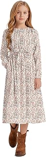 Girls Casual Elastic Crew Neck Floral Printed Solid Color A-line Swing High Waist Midi Belted Dress with Pocket - Buy now