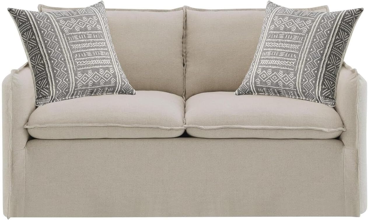 Beige Linen Loveseat with Removable Cushions and Wood Frame
