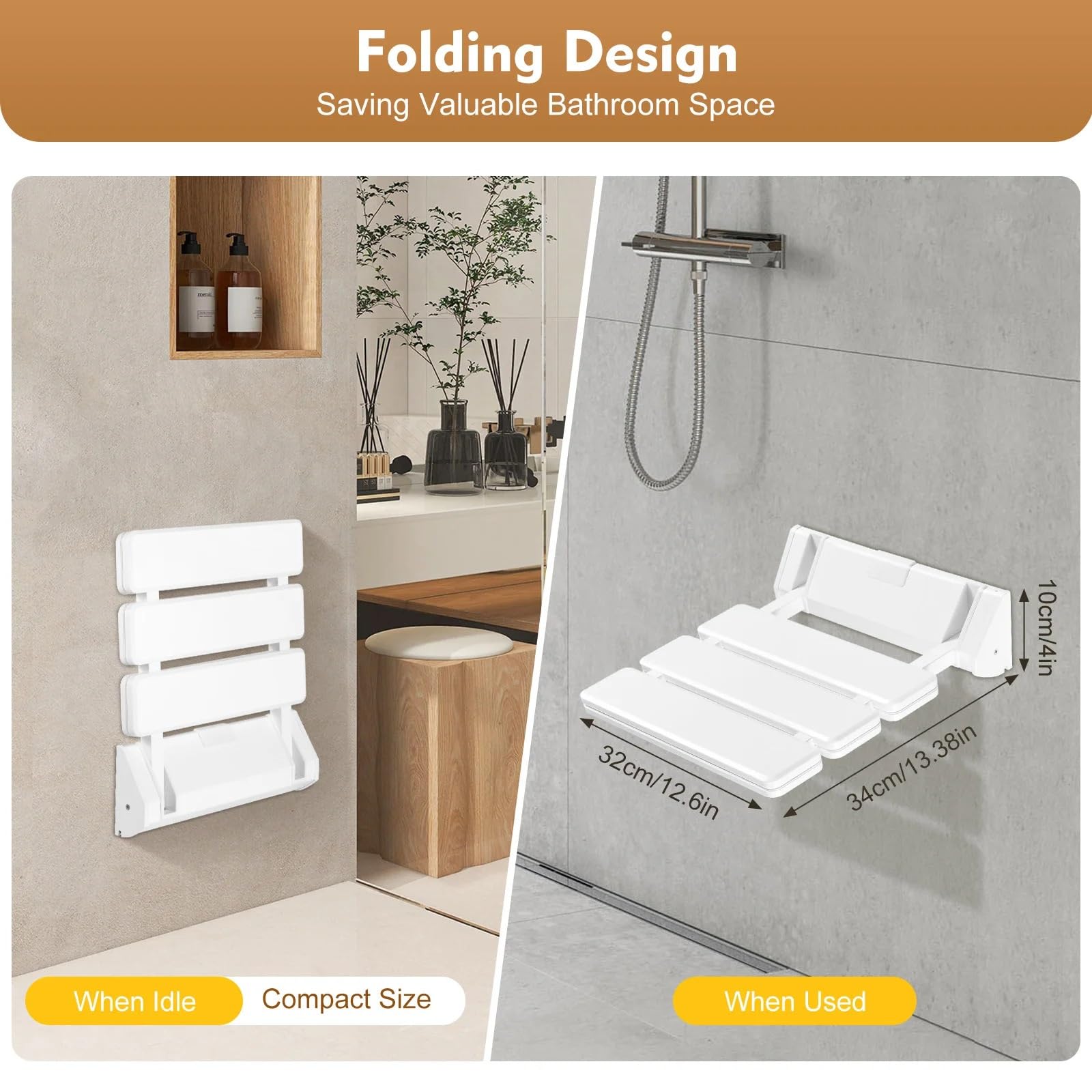 Asiento Ducha Pared Montada Asiento de Ducha Pared Plegable | Silla plegable Taburete de baño blanco antideslizante