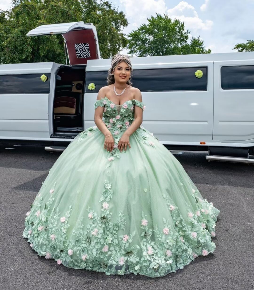 XYAYE Off Shoulder Quinceanera Dresses Puffy Lace Ball Gown for Women Beaded Sweet 16 Dress with Train