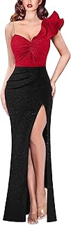 Womens Formal Prom Ruffle One Shoulder Strap Ruched Maxi Dress 2024 Sexy Twist Front Split Wedding Guest Evening Gown - Buy now