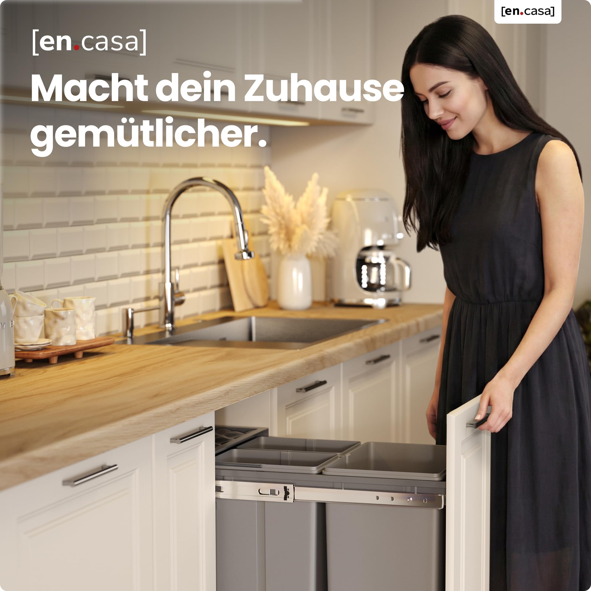 [en.casa] Einbaumülleimer Froland Mülleimer 3 Fächer Mülltrennsystem ausziehbar Abfalleimer Küche 2x10L+1x20L herausnehmbare Behälter 48 x 34 x 42 cm Küchenmülleimer Grau