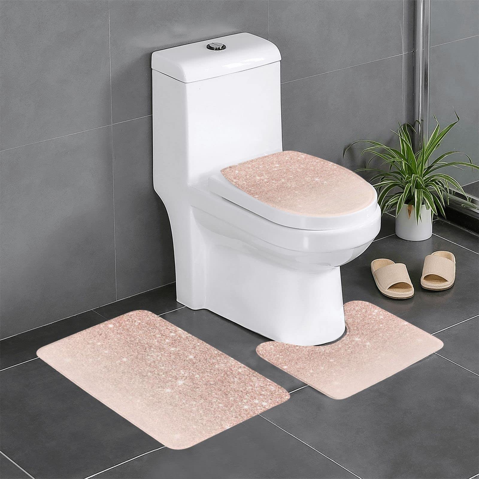 Ensemble tapis de bain rose gold déco WC avec contour lavabo 3 pièces
