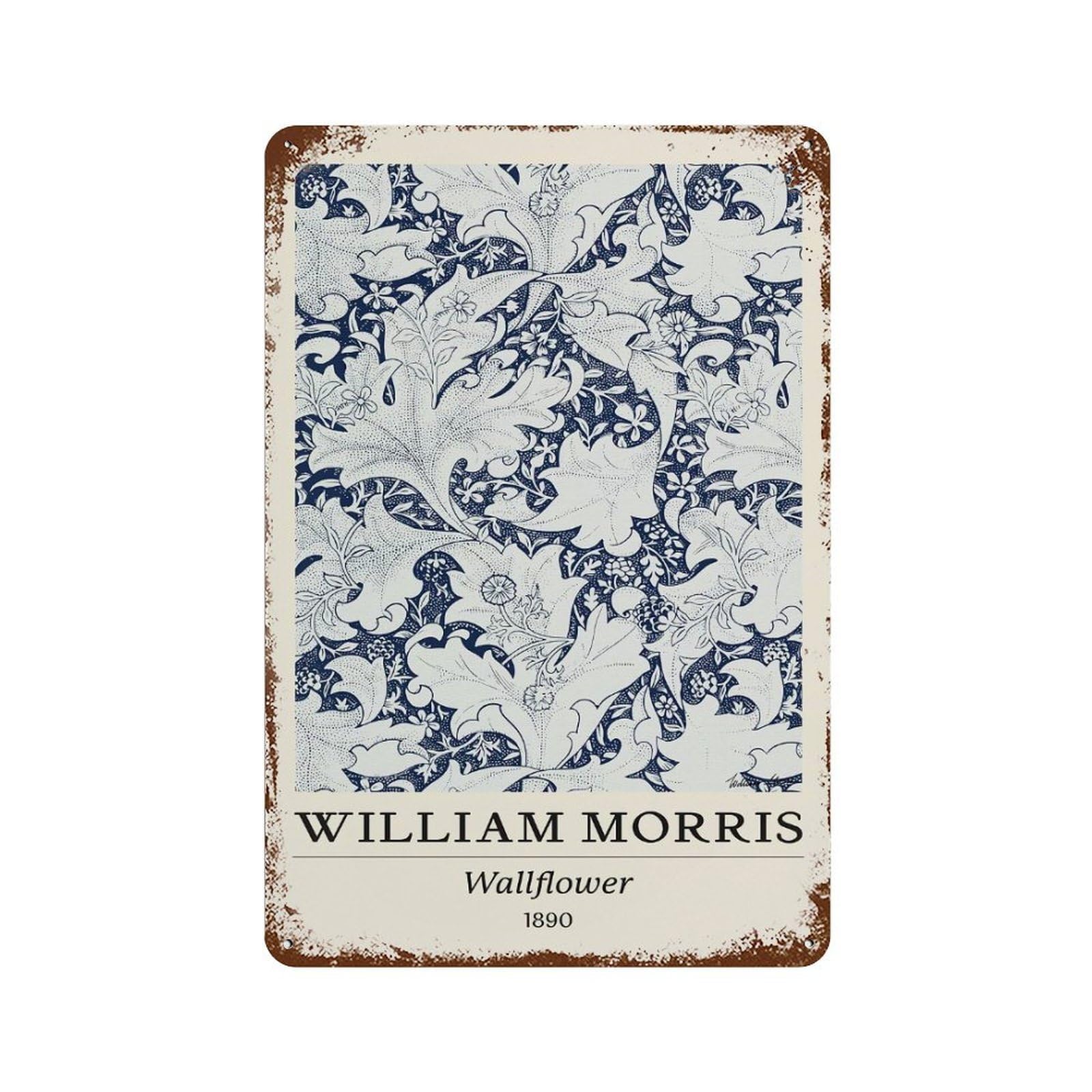 Rust Effect William Morris Wallflower Floral Blue Distressed Metal Wall Sign 11.8"x7.9", Farmhouse Wall Decor for Office, Studio And Wall Decor