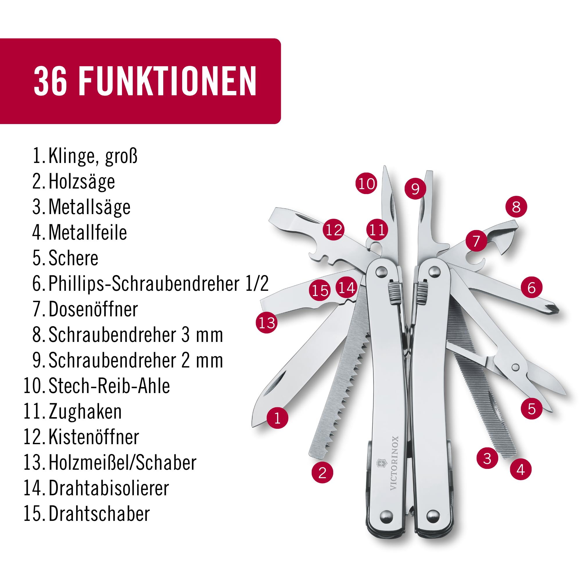 Victorinox Multifunktionswerkzeug Swiss Tool Spirit X Plus Ratchet, 36 Funktionen, Swiss Made, Multitool mit Feststellklinge, Inkl. Leder-Etui, Silber