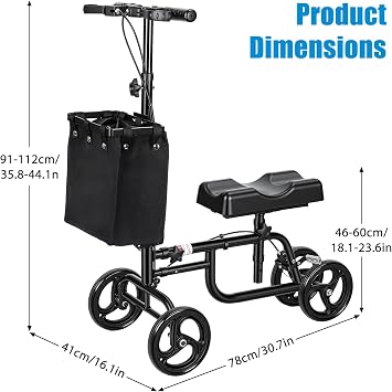 Knee Scooter, Heavy Duty Knee Walker for Adults, Adjustable Medical Scooter for Foot Surgery or Broken Ankle, with Storage Bag and Hand Brakes, Folding Mobility Scooters Black Oversize