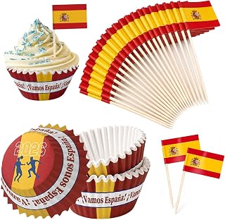 Set of 200 Cupcake Cups and Toothpick Sticks Spain - 100 Cupcake Baking Cups 100 Party Picker Flags, World Cup 2026 Football Decoration for Baking, Finger Food, Cheese and Birthday
