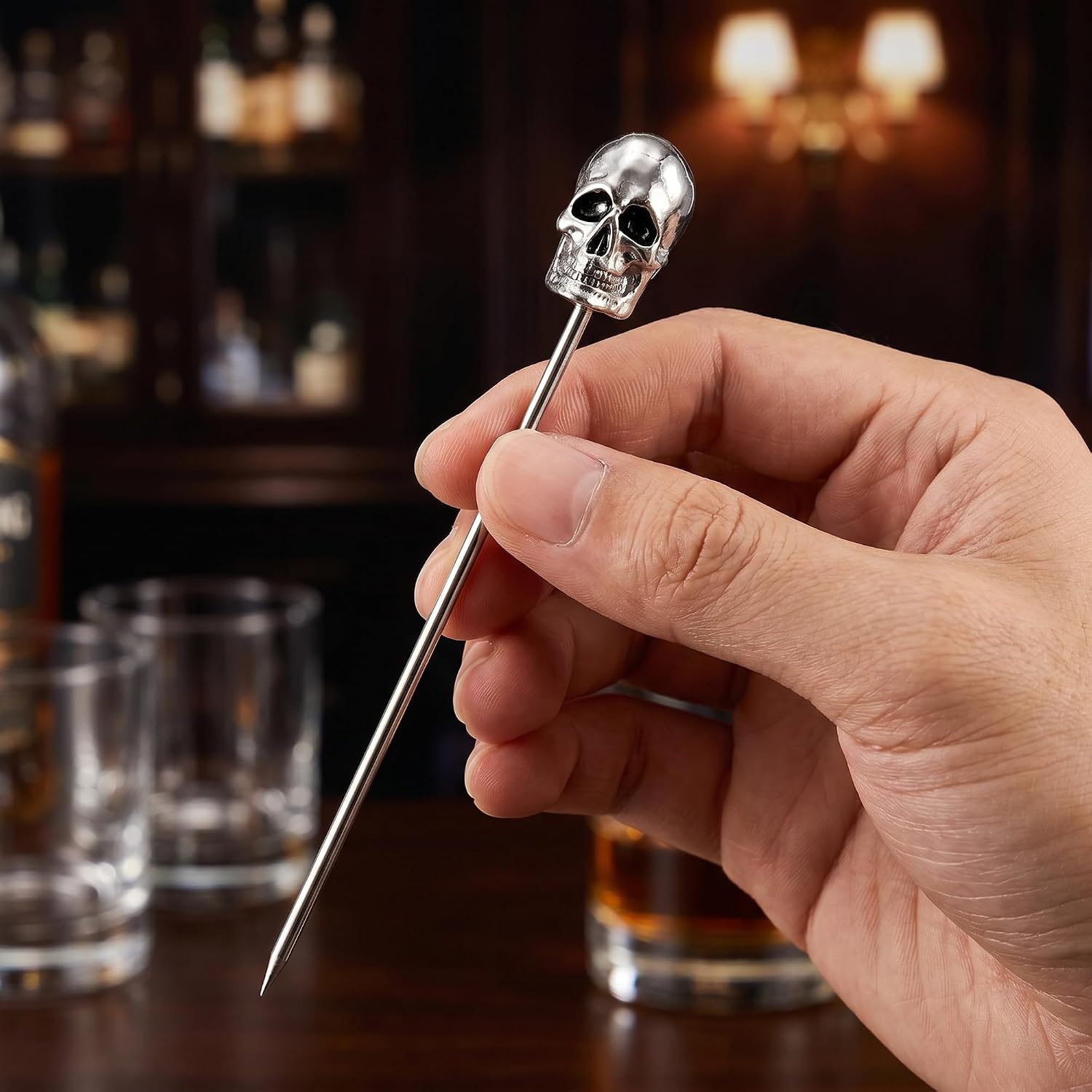 Homestia 6 Pcs 4.6'' Metal Cocktail Martini Picks, Halloween Skull, Silver