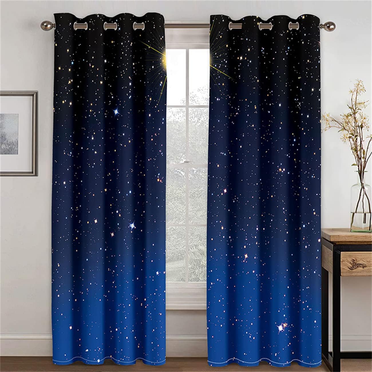 Galaxy Blackout Curtains Thermal Insulated Window Drapes,Universe Star Room Darkening Curtains Grommet Noise Reducing Window Treatment for Living Room Bedroom,Navy Blue,2 Panels,72" W by 63" L