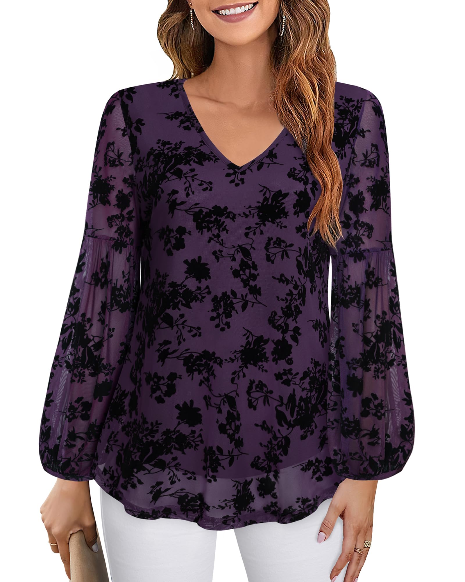 Bebonnie Womens Lantern Sleeve Casual V Neck Double Layers Mesh Blouses Loose Fit Tunic Tops