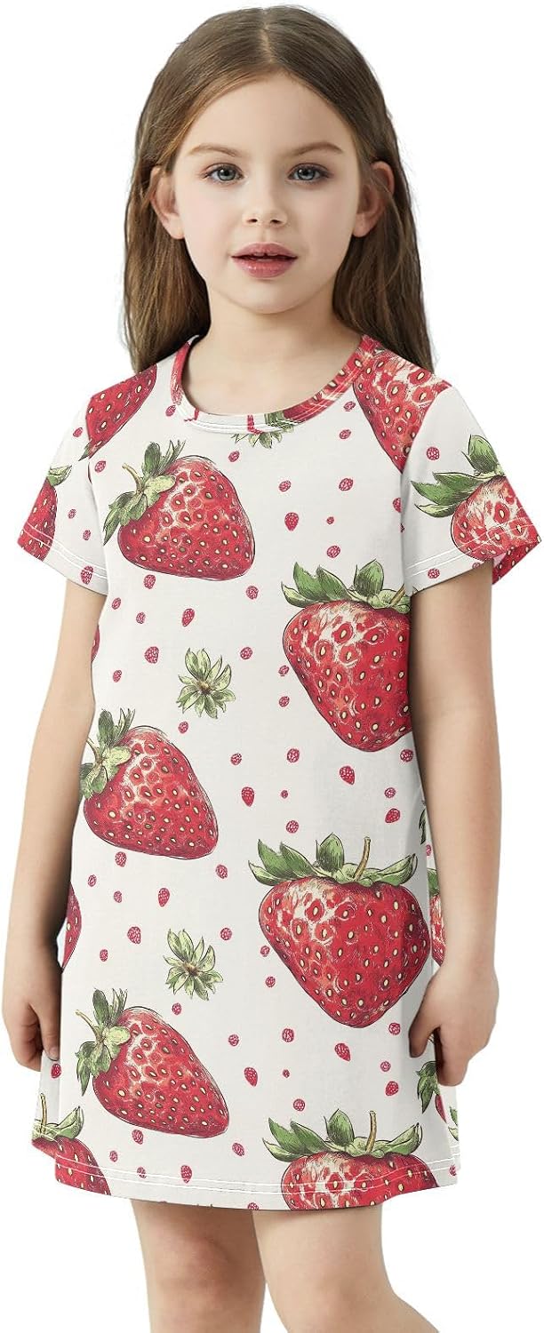Strawberry Dot Girls Dresses Summer Dresses for Girls with Cotton Short Sleeves for Casual a Line Dress Size 2-8Y