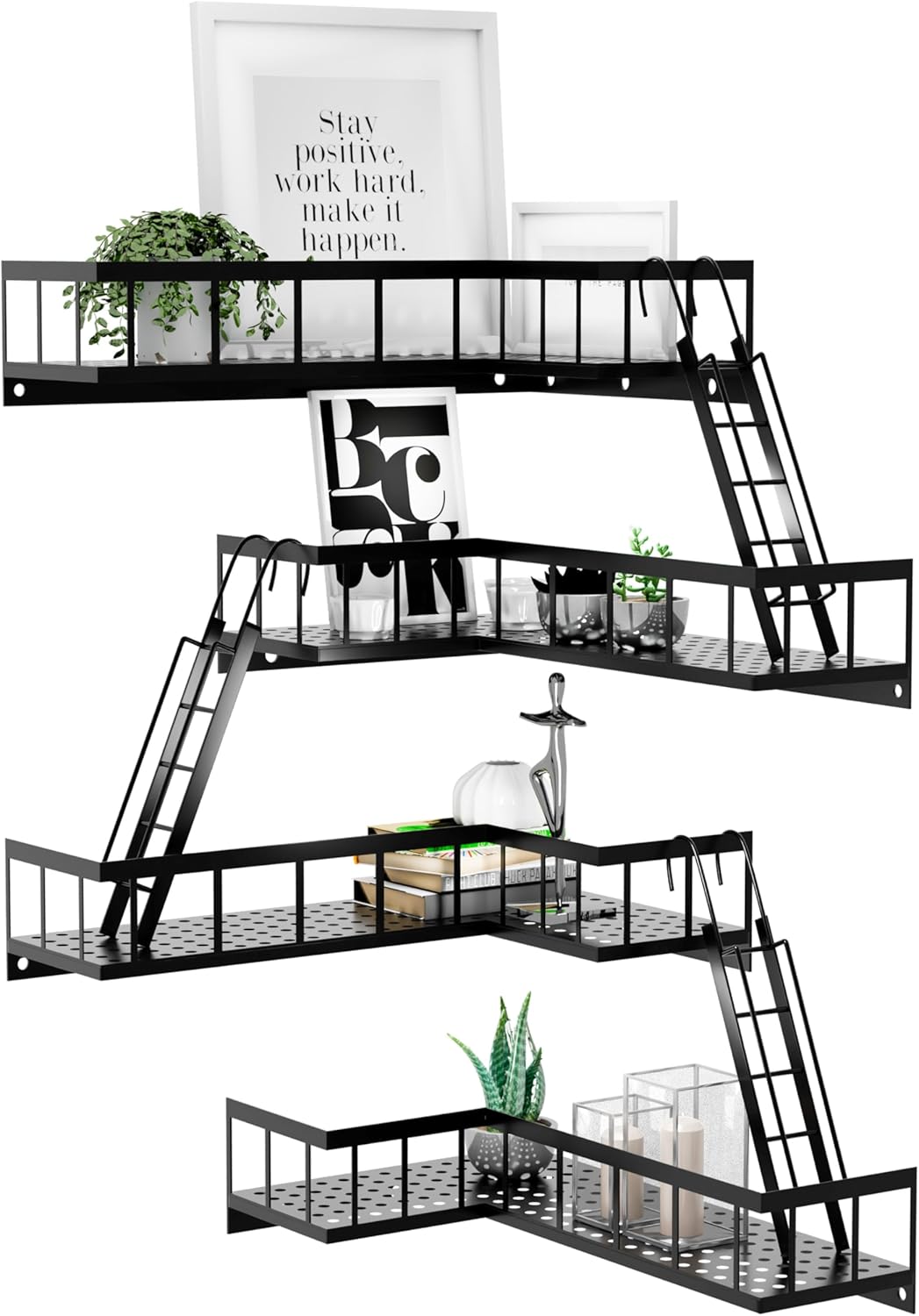 Fire Escape Wall Shelf, Modern City Style Corner Wall Shelves, Trinket Figurine Display Knick Knack Shelf Easy to Install, for Bathroom, Living Room & Home Decor, Black 4-Tier