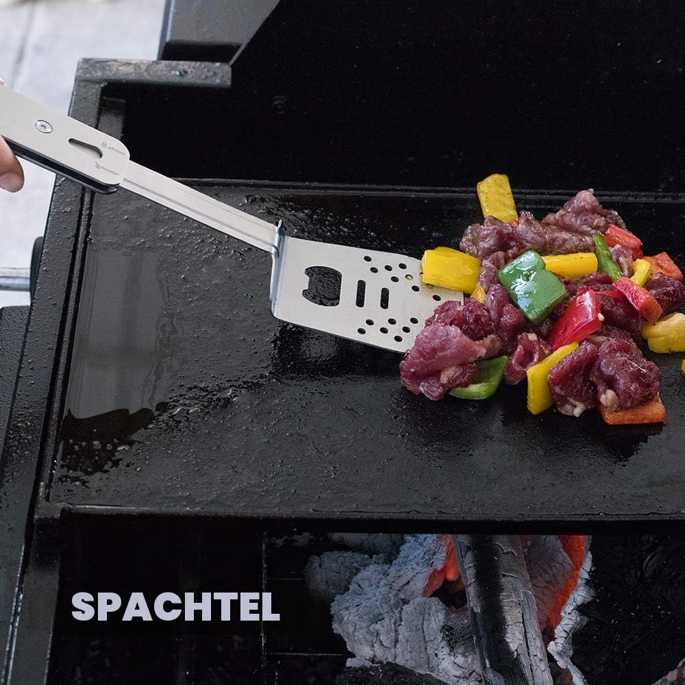 Roxon 4 in 1 Mini BBQ Combo Tool Set S602G | mit Spatel, Fork, Flip Flops und Bottle Opener Hiking Camping, Grau