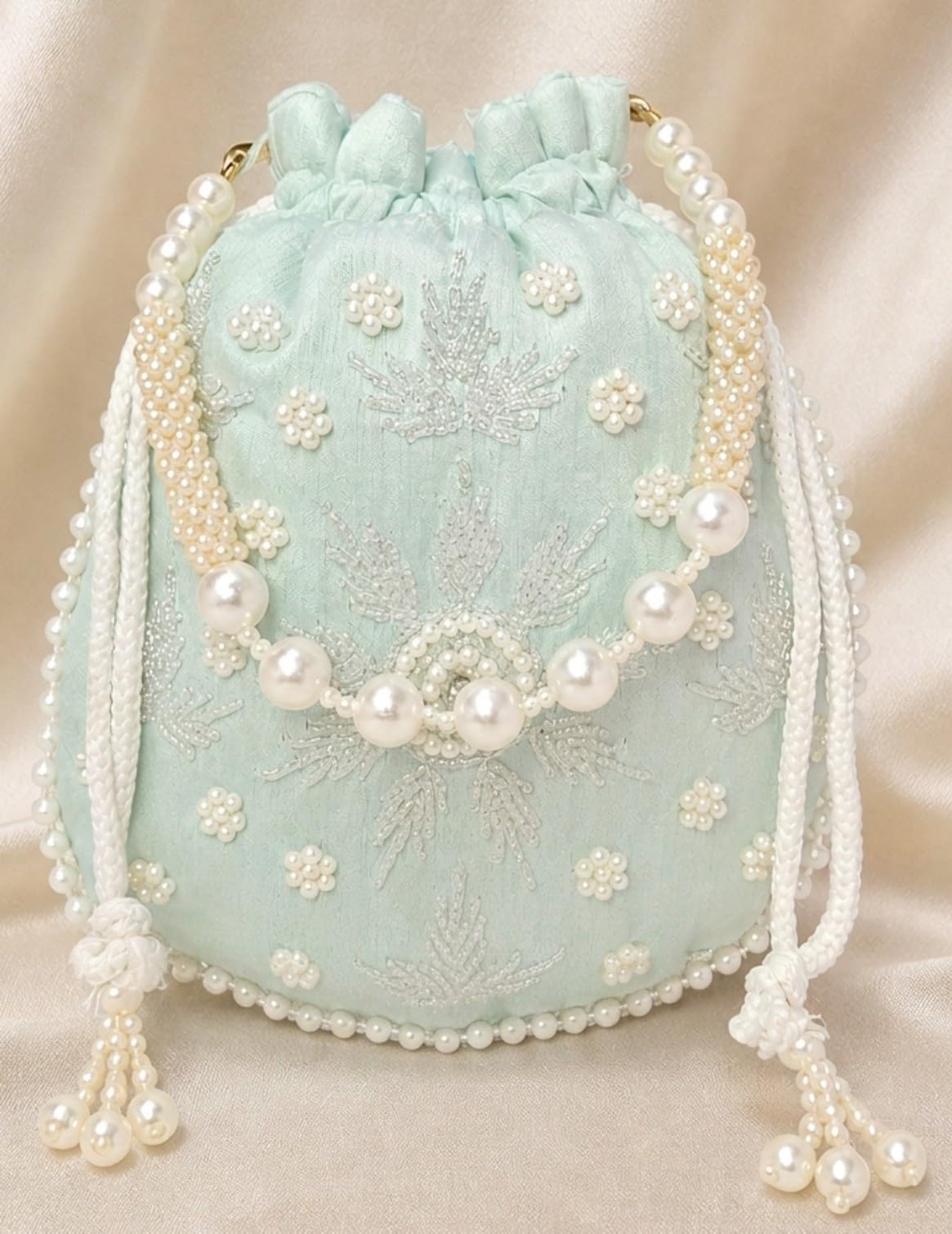 JDDCART Embroidered Mint Green Potli Bag with Pearl Handle-image-9
