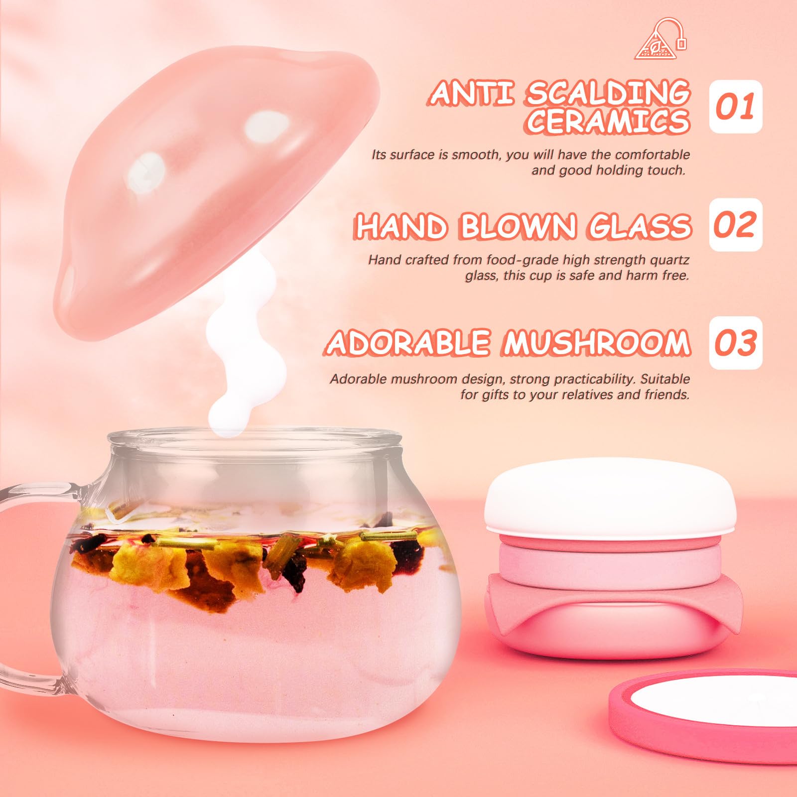 COLLBATH Teetassen Satz Niedliches Design 300ml Fassungsvermögen Pilzförmiges aus Keramik und Glas mit Tee Infuser Hitzebeständig für Zuhause und Büro
