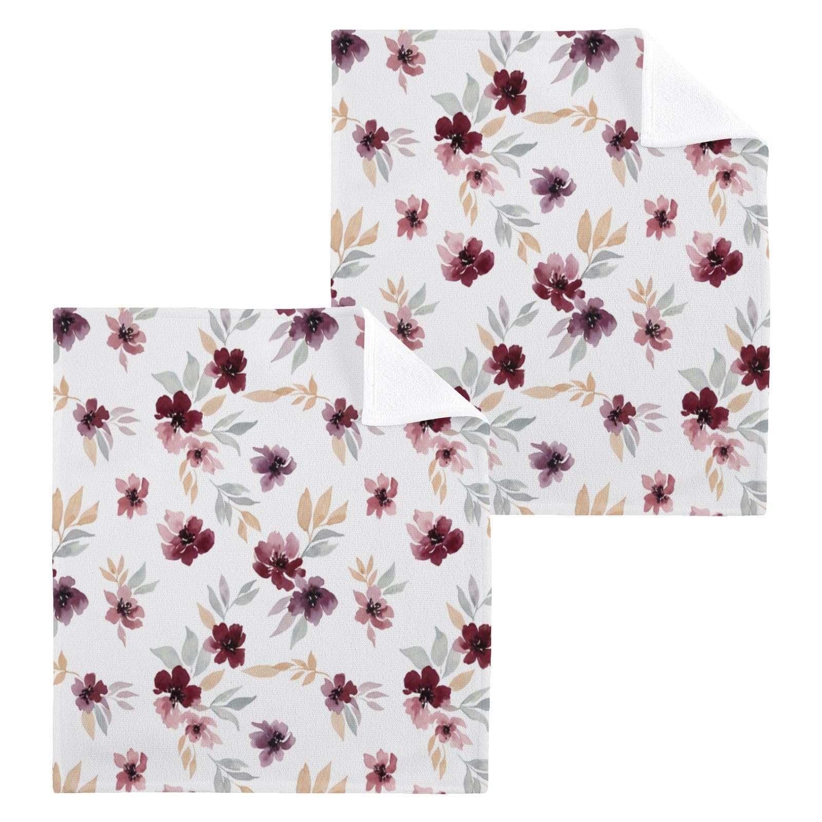 BOESI Mauve Floral Watercolor 12x12in Cotton Washcloth,Face Towel