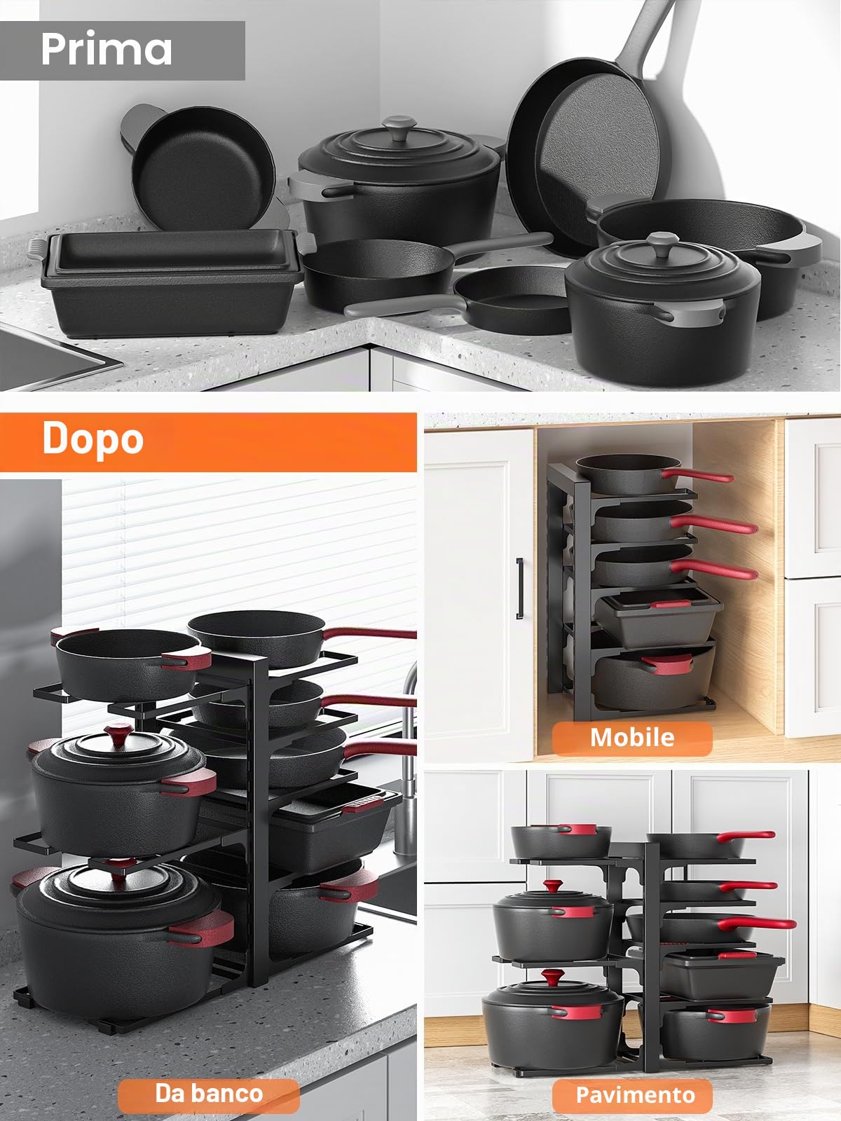 MUDEELA Organizzatore di Pentole e Padelle per Mobile, Porta Pentole Regolabile a 8 Livelli, Porta Padelle Salvaspazio, Ideale per Organizzare e Riporre Pentole e Padelle in Cucina