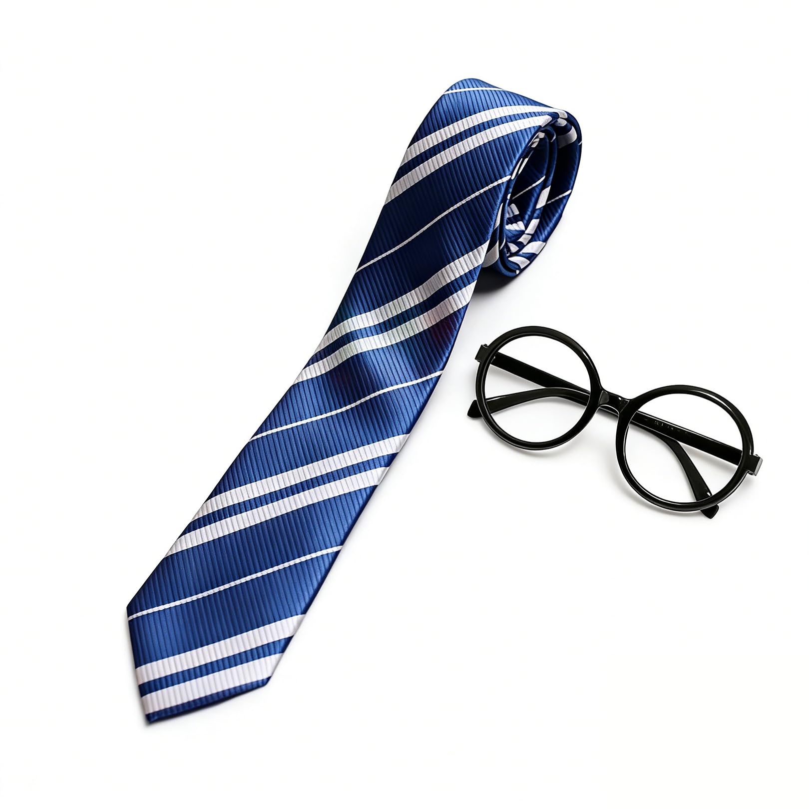 2 Pcs School Tie & Fake Glasses Set,Necktie & Black Round Glasses,Fancy Dress Party Halloween Theme Parties Cosplay Dress Up Pretend Outfits Costume Accessories for Adults Role Play Uniform (Blue)