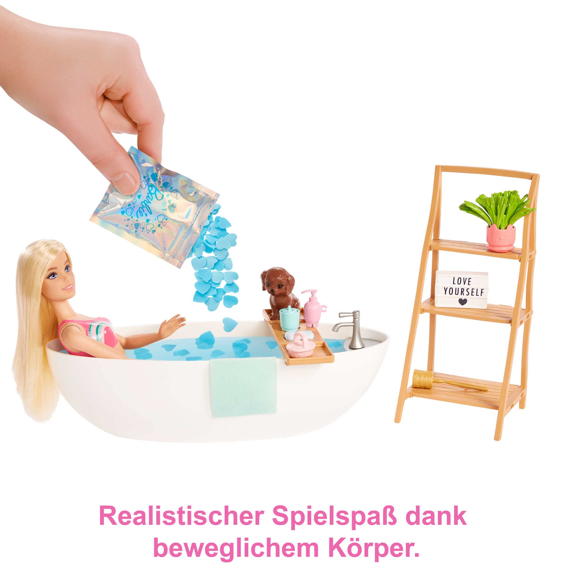 Spielset mit Barbie-Puppe mit Hündchen und Badewanne, Kinderspielzeug, Blond, farbenfrohe Konfettiseife und Zubehör, Thema Selbstfürsorge und Wellness, HKT92