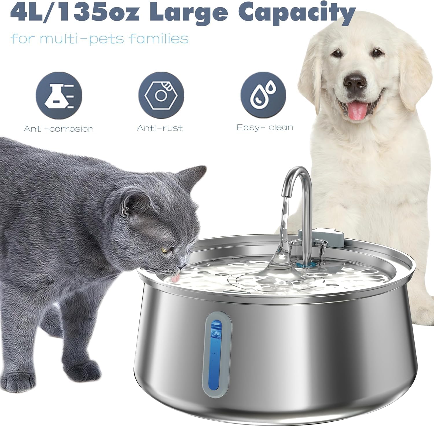 Cat Water Fountain, 4L/134Oz Automatic Stainless Steel Pet Fountain, Dog Water Dispenser with LED Light,Ultra-Quiet Pet Waterers for Drinking