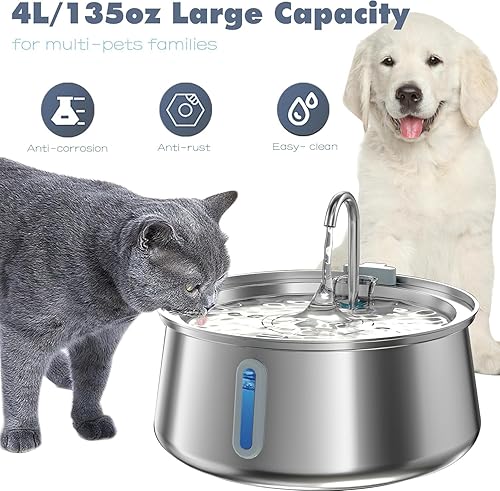 Miniatura 5 de Fuente de agua para gatos, fuente automática de acero inoxidable para mascotas de 4 litros con ventana de nivel de agua de luz LED, dispensador de