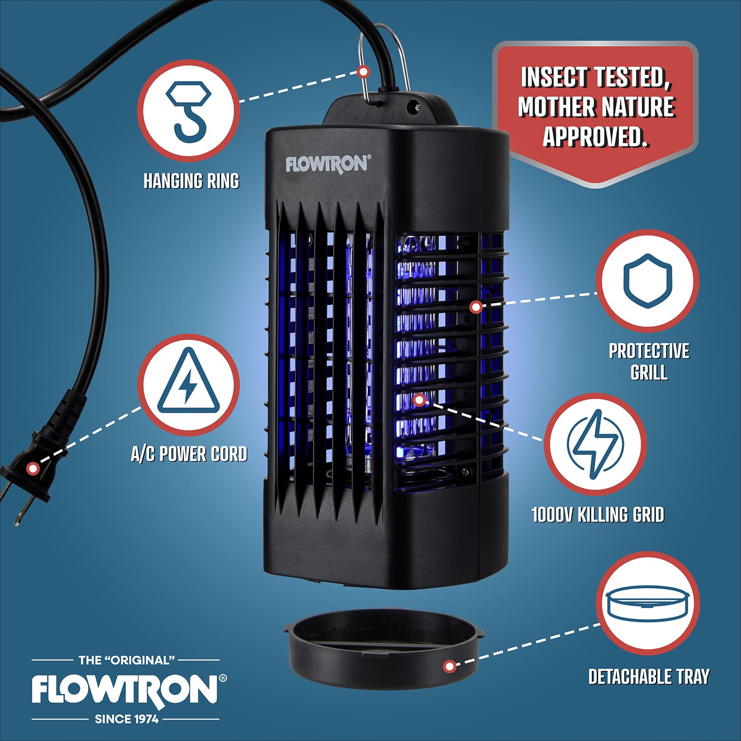 Flowtron Insektenvernichter für den Innenbereich, UV, 1000 V, 160 m², Schwarz | Passend für Küchen, Schlafzimmer und Büros, die einen stabilen Schutz benötigen – einfach in jede Steckdose stecken