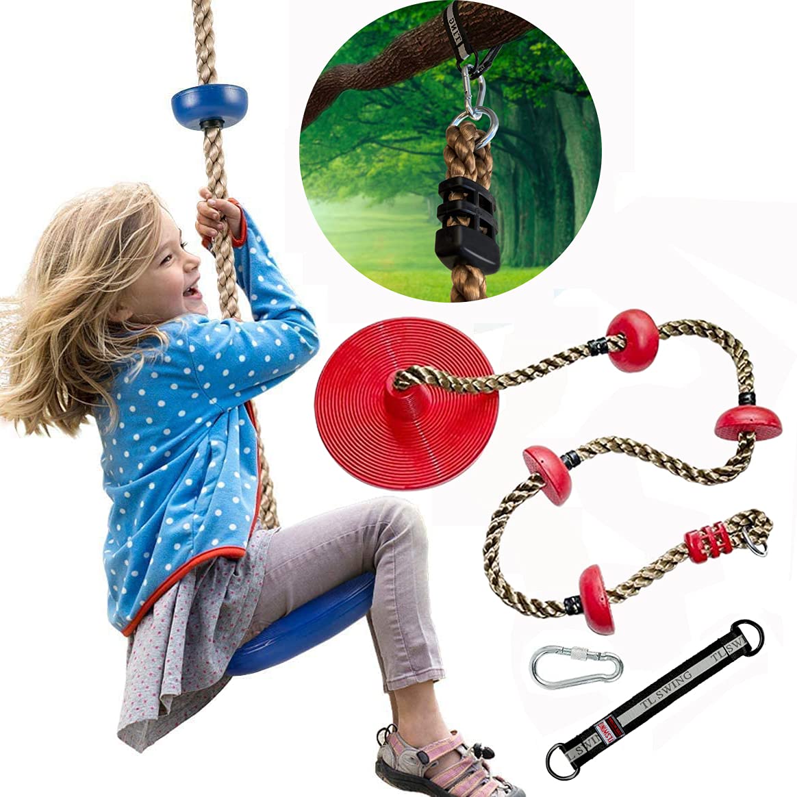 Virtetic Climbing Rope Tree Swing with Platforms and Disc Seat for Kids or Adults with Hanging Accessories. for Tree, Backyard, Patio, Swingsets, Playground, Ninja Course, Zipline (Red)