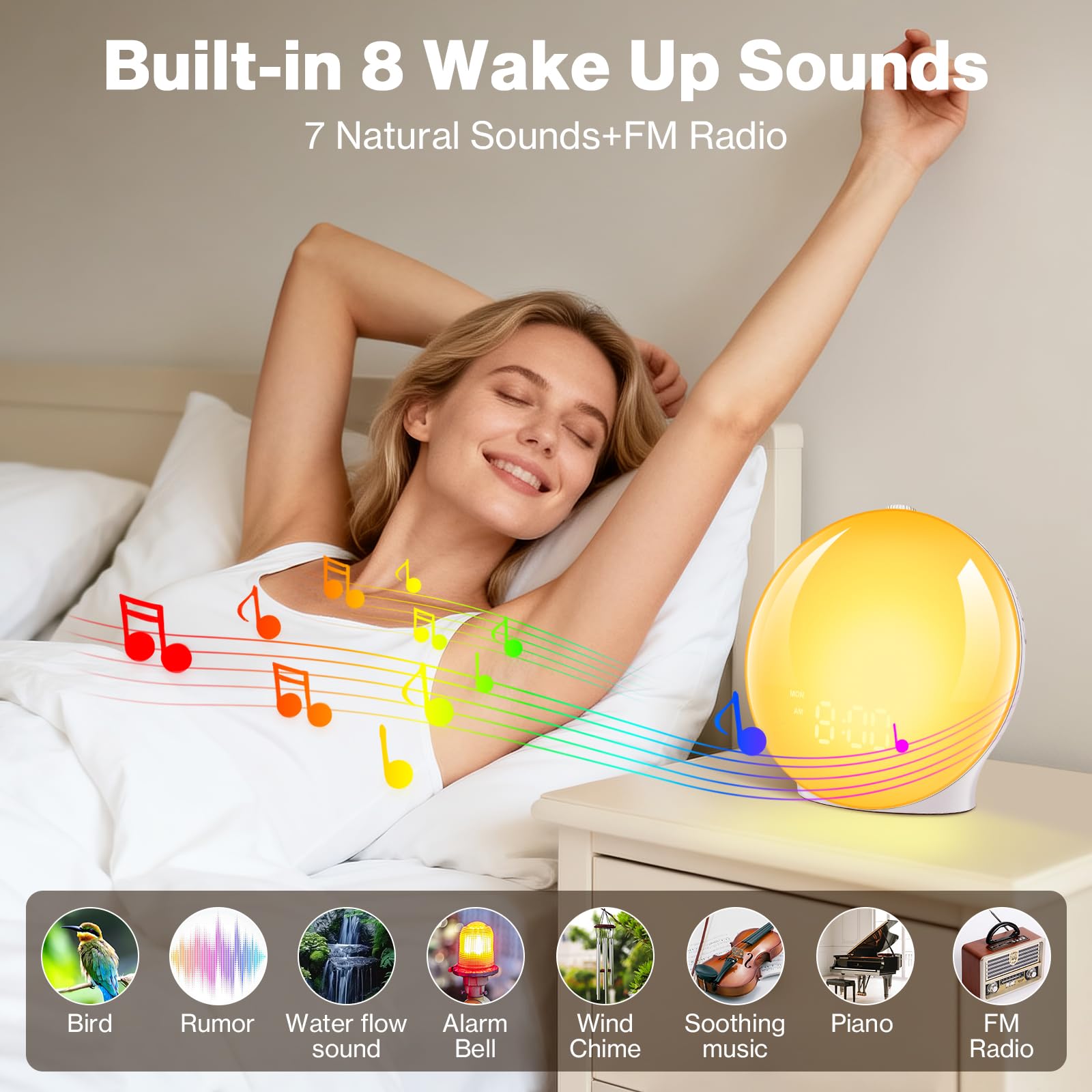 Tageslichtwecker Lichtwecker, Sonnenaufgang Sonnenuntergang Wecker Wake up Light mit 7 Natürlichen Töne 8 Farblicht 20 Helligkeit, Schlummerfunktion Radio FM für Erwachsene & Kinder