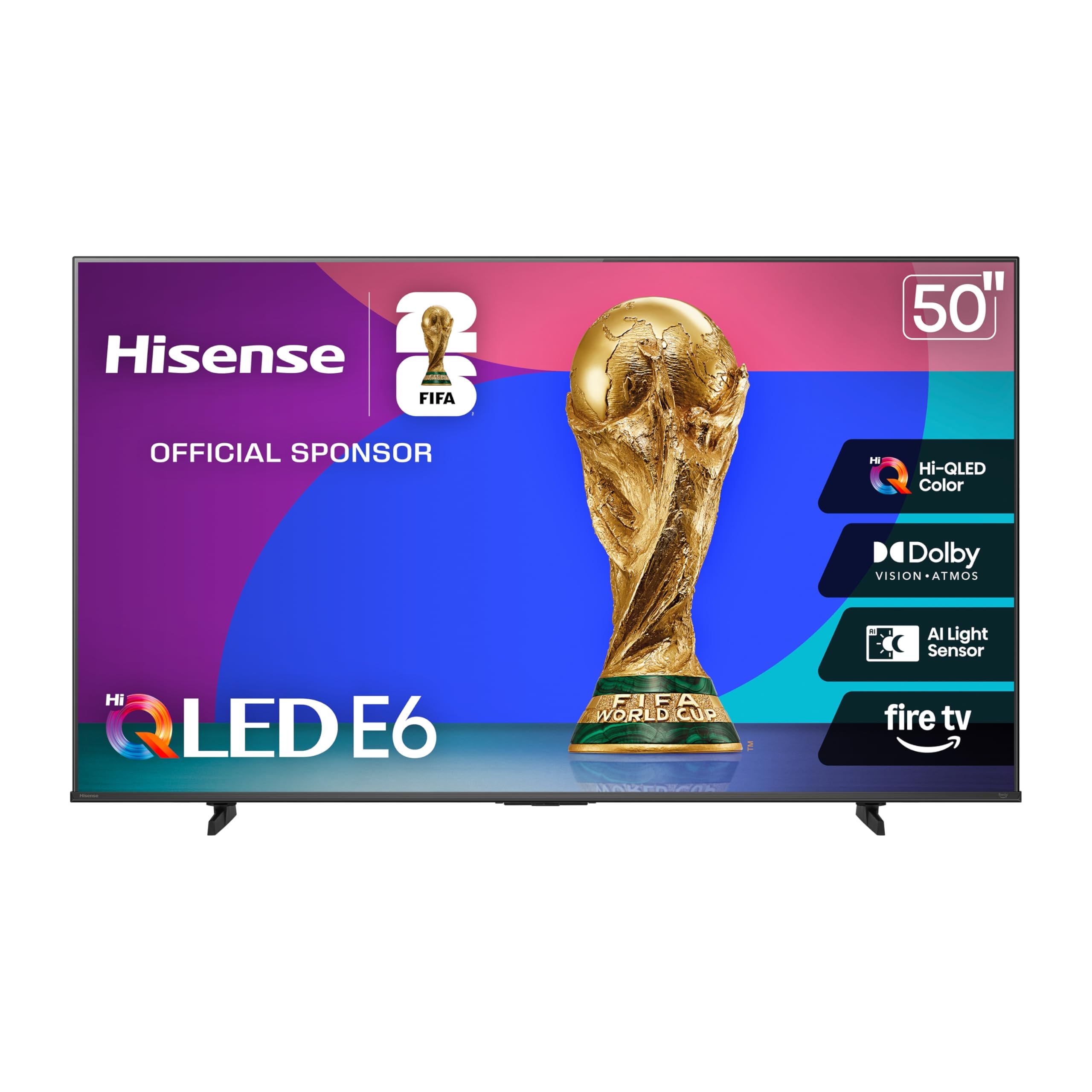 Hisense 50E6SF - 50" E6 Series Hi-QLED 4K UHD Smart Fire TV  AI Light Sensor  Dolby Vision · Atmos  Voice Remote with Alexa  Motion Rate 120  HDR 10+ Adaptive  Game Mode Plus (2026 New Model)