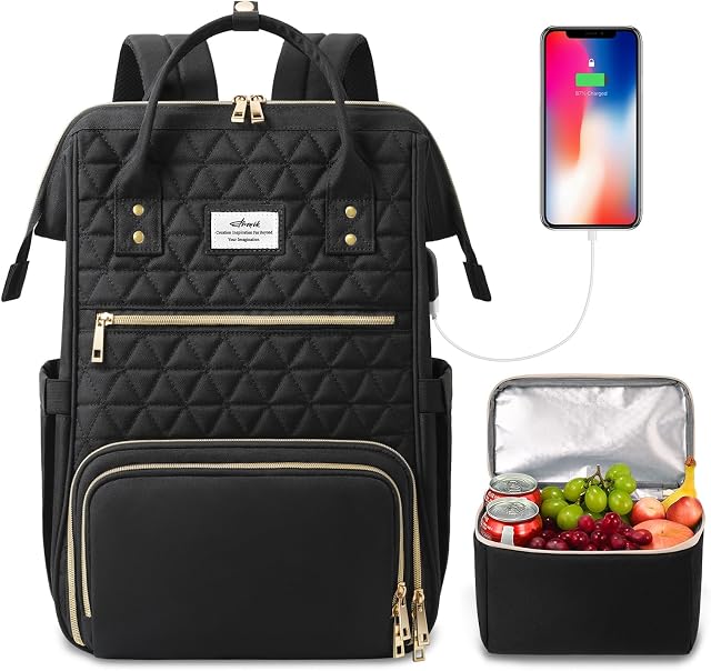 Sac à dos ETRONIK pour femmes, sac pour ordinateur portable de 17,3 po avec port de chargement USB, sacs à dos pour enseignants et infirmières, sac isotherme, cadeaux pour femmes et hommes en voyage, noir