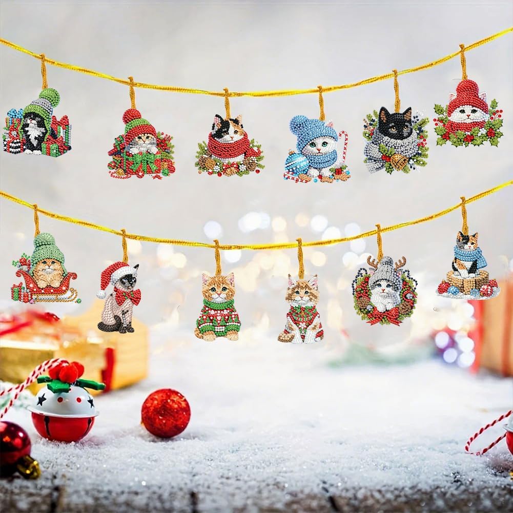 C'eitura 15pcs DIY Dog Cat Acrylic Diamond Art Christmas Hanging Ornaments Kit, Create Your Own Xmas Tree Hanging Pendant for Wall Door Window Decor, Fun Family Holiday Craft Project & GIF