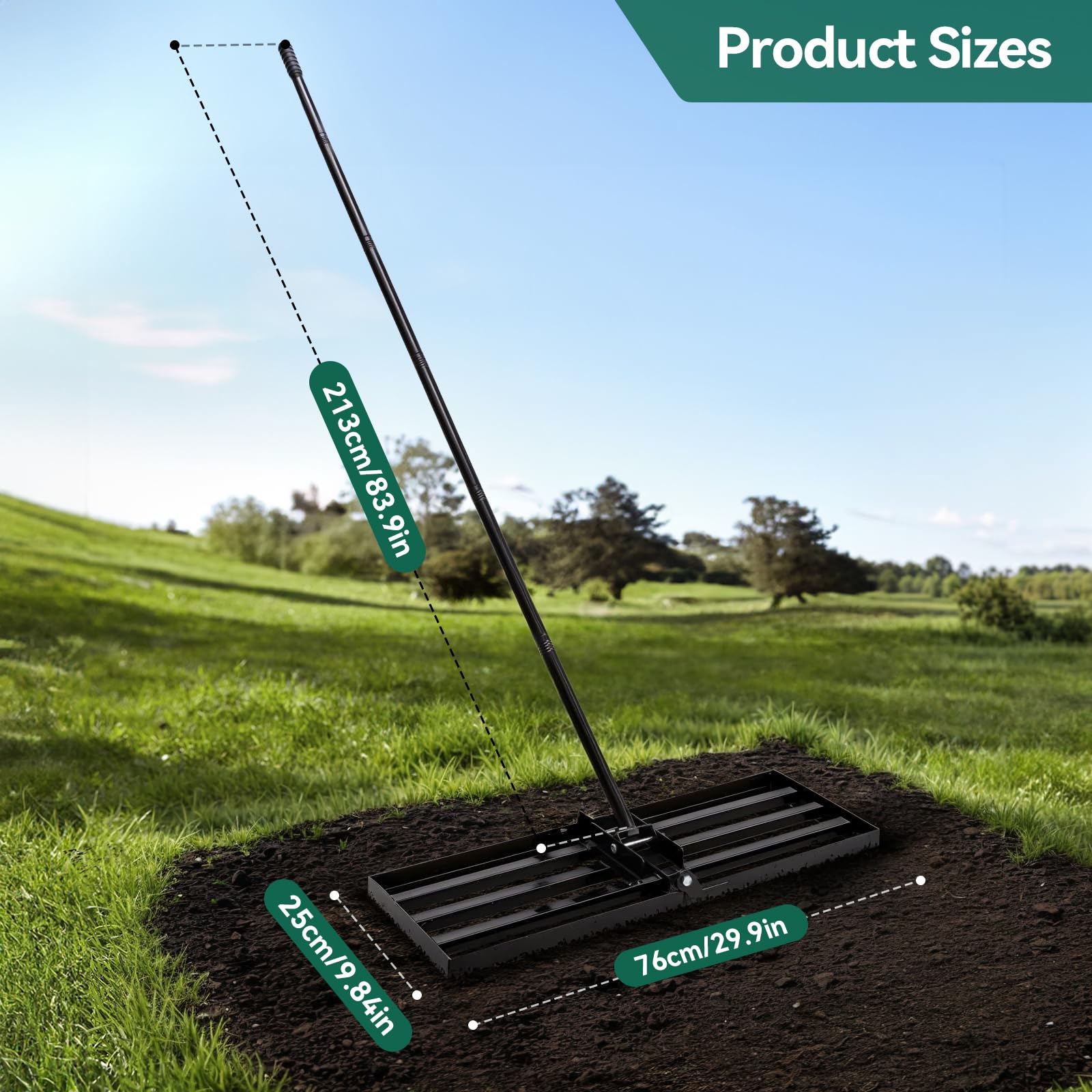 Warmiehomy Rastrillo nivelador de césped, rastrillo de jardín resistente con placa plegable de 76 x 25 cm y mango ajustable de 213 cm, rastrillo nivelador de césped para jardinería, suelo, césped de