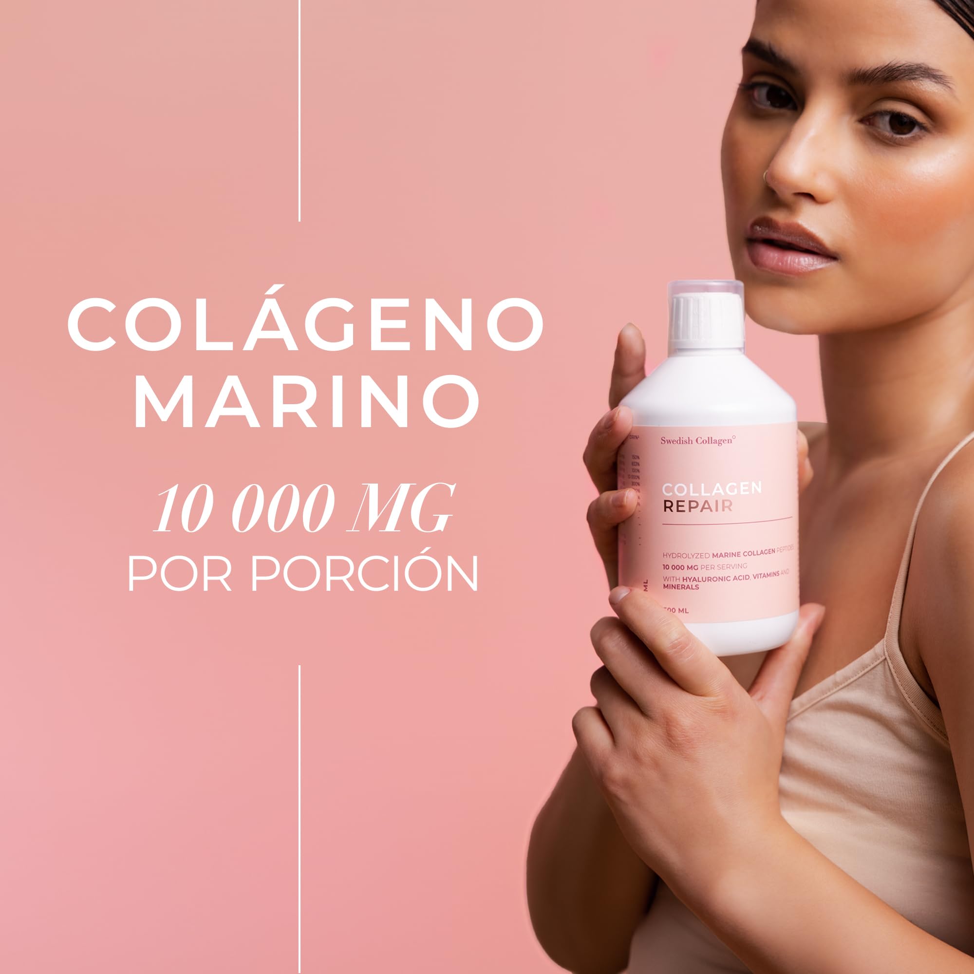 Swedish Collagen, Colágeno marino hidrolizado, líquido, 500 ml | 20 días | Tipo 1 y 3 | Péptidos puros y vitaminas para cabello, piel, uñas y articulaciones | Clínicamente probado | Sin azúcar